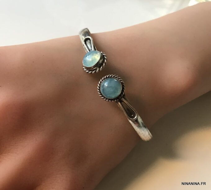 N7420b Jonc avec pierre de couleur bleu argent plaqué - Bijoux Bracelets en ligne Ninanina