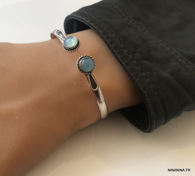 N7420h Jonc avec pierre de couleur bleu argent plaqué - Bijoux Bracelets en ligne Ninanina
