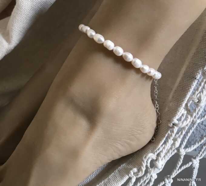 N7429 Bracelet de cheville perle d'eau douce blanche Argent 925 - Bijoux de pied en ligne Ninanina