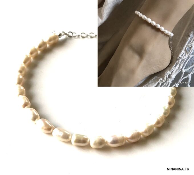 N7429a Bracelet de cheville perle d'eau douce blanche Argent 925 - Bijoux de pied en ligne Ninanina