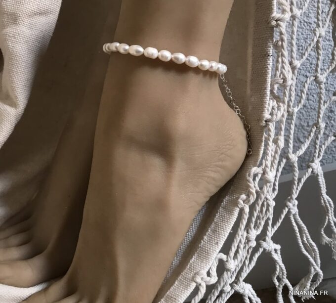 N7429b Bracelet de cheville perle d'eau douce blanche Argent 925 - Bijoux de pied en ligne Ninanina