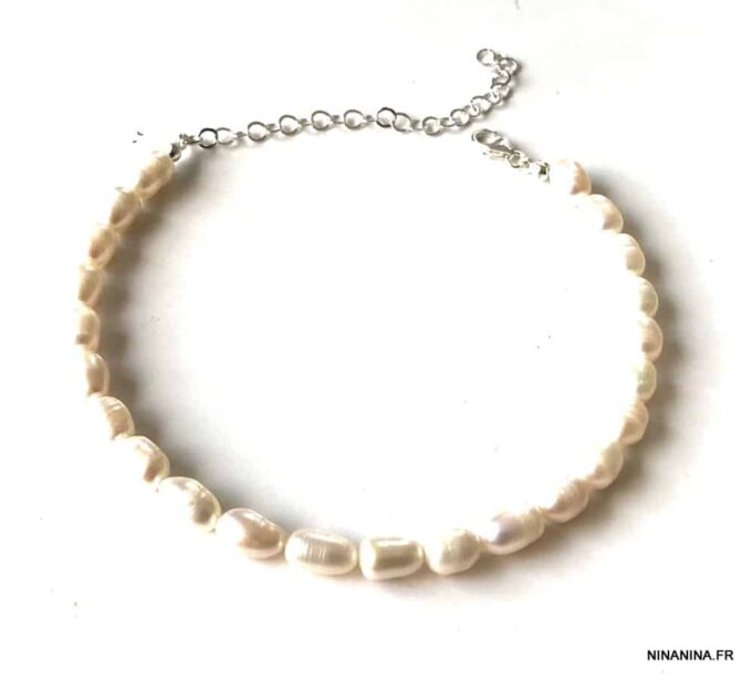N7429c Bracelet de cheville perle d'eau douce blanche Argent 925 - Bijoux de pied en ligne Ninanina