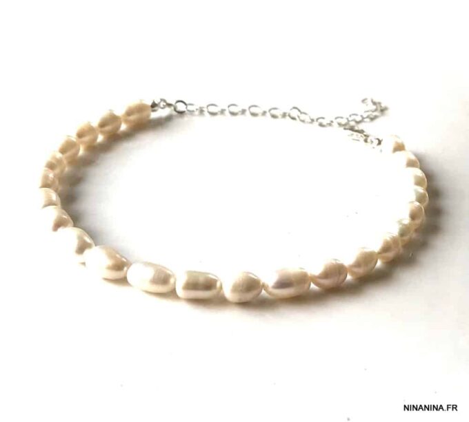 N7429e Bracelet de cheville perle d'eau douce blanche Argent 925 - Bijoux de pied en ligne Ninanina