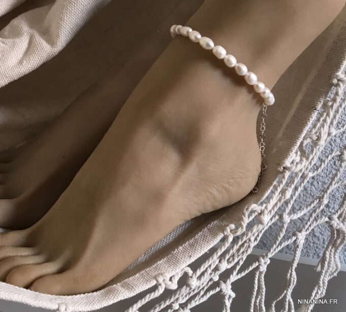 N7429f Bracelet de cheville perle d'eau douce blanche Argent 925 - Bijoux de pied en ligne Ninanina