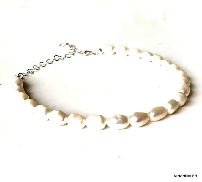 N7429g Bracelet de cheville perle d'eau douce blanche Argent 925 - Bijoux de pied en ligne Ninanina