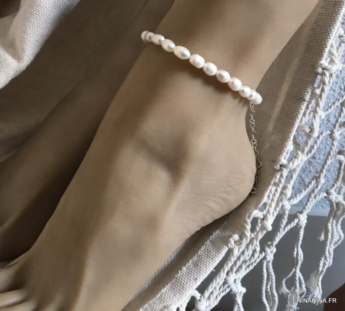 N7429h Bracelet de cheville perle d'eau douce blanche Argent 925 - Bijoux de pied en ligne Ninanina