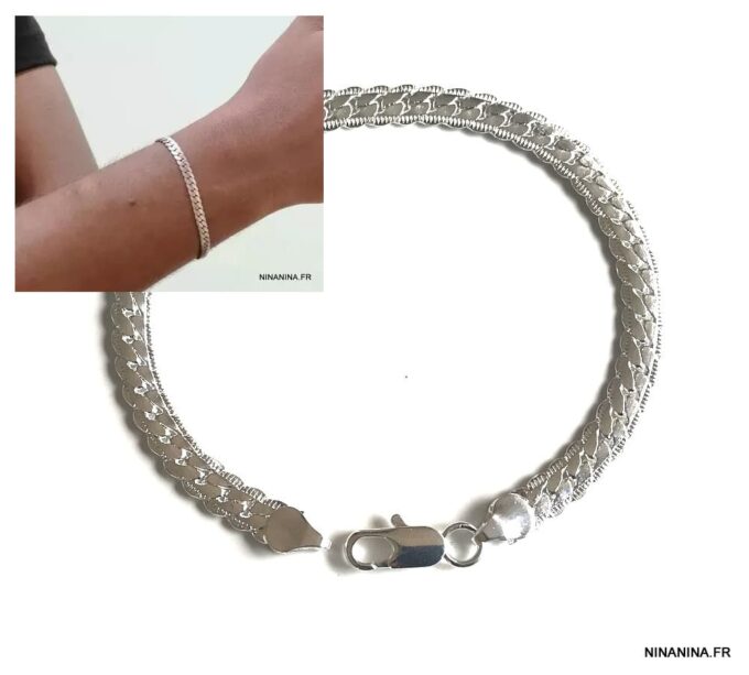 N7435c Bracelet homme argent maille palmier plate plaqué - Bijoux Bracelets en ligne Ninanina