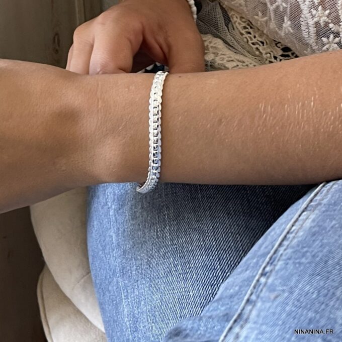 N7435i Bracelet homme argent maille palmier plate plaqué - Bijoux Bracelets en ligne Ninanina