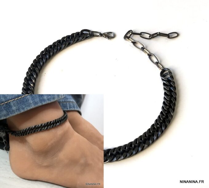 N7439a Bracelet Homme cheville métal noir maille plate - Bijoux de pied en ligne Ninanina