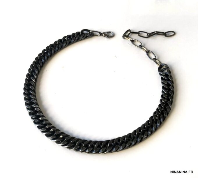 N7439c Bracelet Homme cheville métal noir maille plate - Bijoux de pied en ligne Ninanina