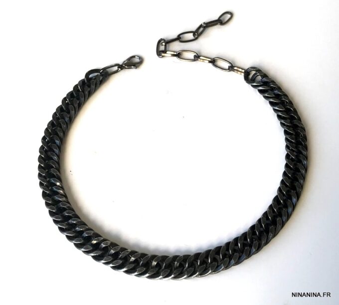 N7439e Bracelet Homme cheville métal noir maille plate - Bijoux de pied en ligne Ninanina