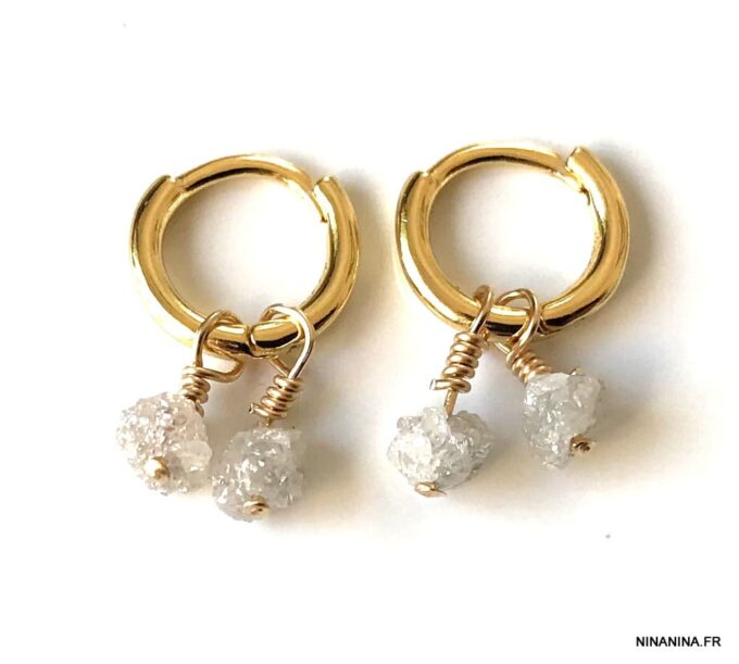 N7441b Mini Creoles Diamant blanc véritable Argent 925 plaqué or - Bijoux Boucles d'oreilles en ligne Ninanina