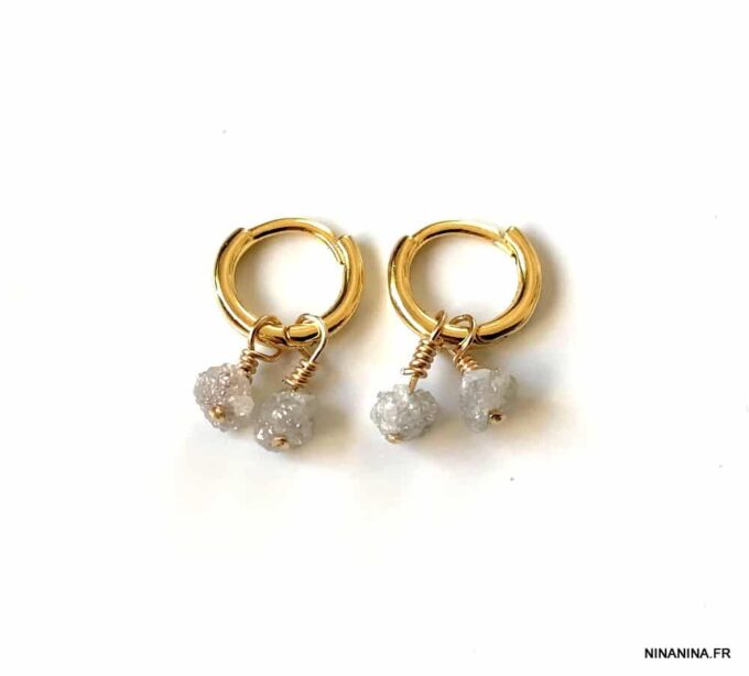 N7441d Mini Creoles Diamant blanc véritable Argent 925 plaqué or - Bijoux Boucles d'oreilles en ligne Ninanina