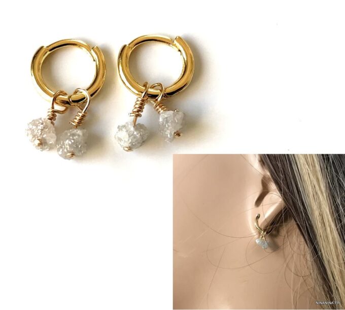 N7441e Mini Creoles Diamant blanc véritable Argent 925 plaqué or - Bijoux Boucles d'oreilles en ligne Ninanina