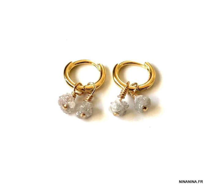 N7441f Mini Creoles Diamant blanc véritable Argent 925 plaqué or - Bijoux Boucles d'oreilles en ligne Ninanina