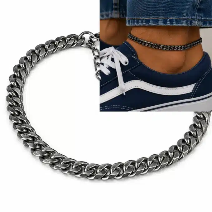 N8636d Bracelet Homme cheville artisanal acier noir maille plate - Bijoux de pieds hommes en ligne Ninanina
