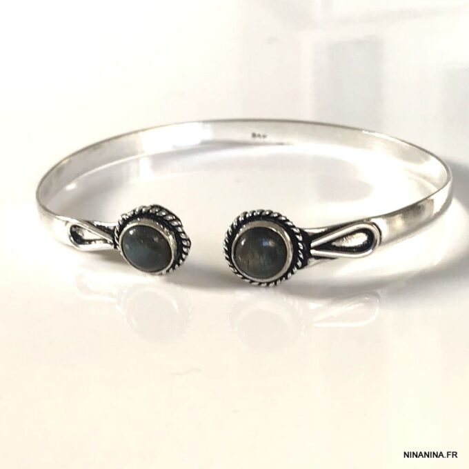 N7427j Jonc pierre semi précieuse Labradorite grise plaqué Argent - Bijoux Bracelets en ligne Ninanina
