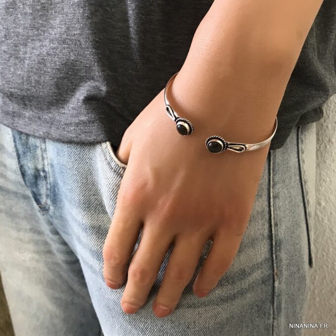 N7427l Jonc pierre semi précieuse Labradorite grise plaqué Argent - Bijoux Bracelets en ligne Ninanina