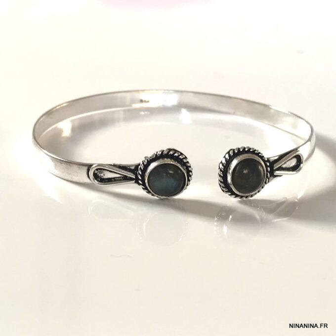 N7427m Jonc pierre semi précieuse Labradorite grise plaqué Argent - Bijoux Bracelets en ligne Ninanina