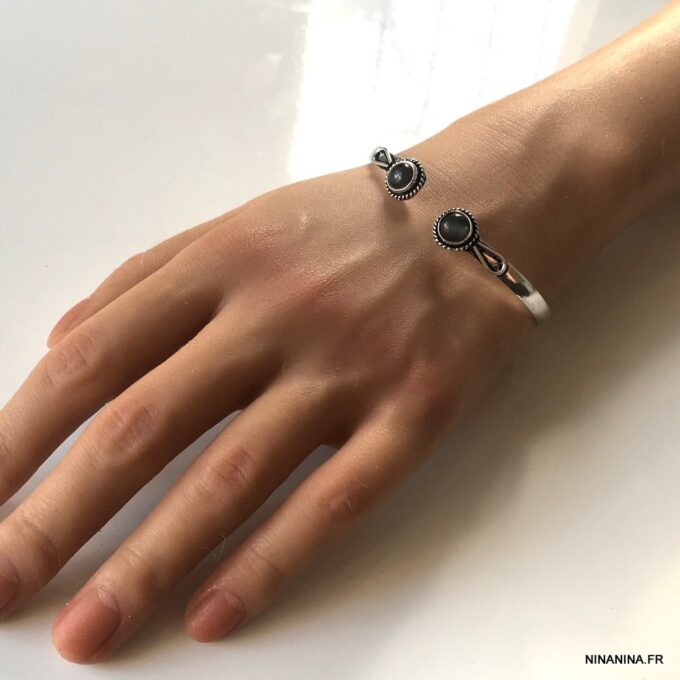 N7427o Jonc pierre semi précieuse Labradorite grise plaqué Argent - Bijoux Bracelets en ligne Ninanina