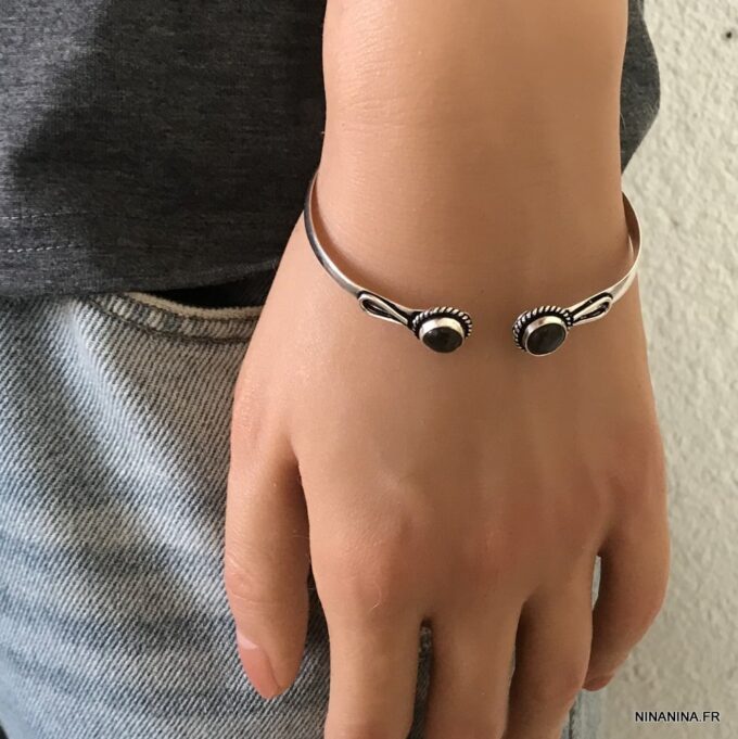 N7427q Jonc pierre semi précieuse Labradorite grise plaqué Argent - Bijoux Bracelets en ligne Ninanina