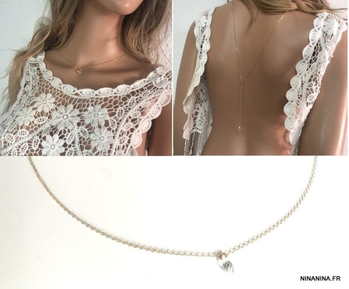 N7456d Collier dos mariée swarovski Plaqué Or goutte cristal - Bijoux Swarovski en ligne Ninanina