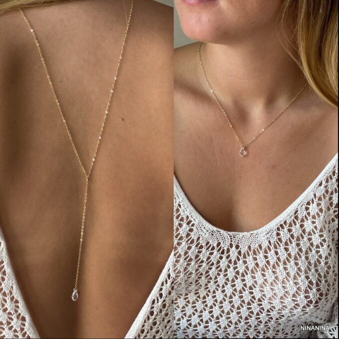 N7456l Collier dos mariée swarovski Plaqué Or goutte cristal - Bijoux Swarovski en ligne Ninanina