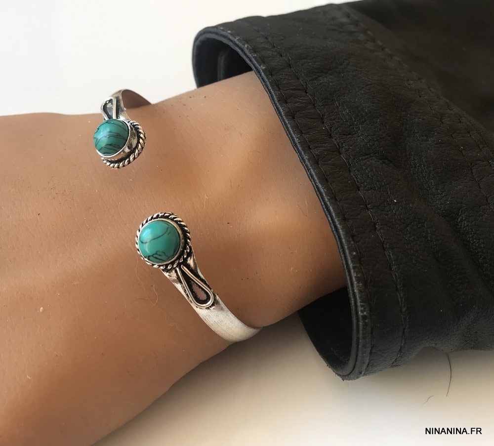 Bracelet cheville bleu turquoise naturelle argent femme - Ninanina