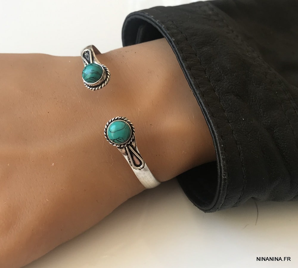 Bracelet cheville bleu turquoise naturelle argent femme - Ninanina