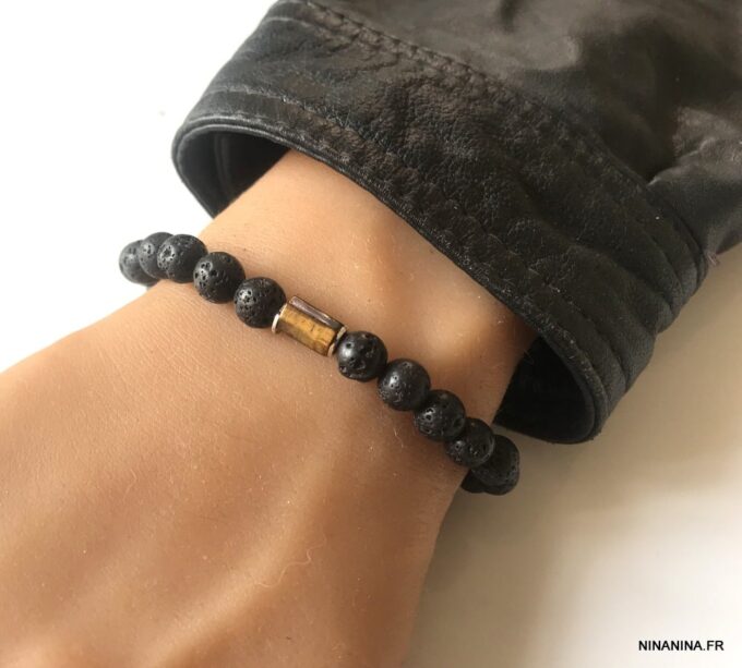 N7472c Bracelet oeil de tigre et pierre de lave homme - Bijoux Bracelets en ligne Ninanina