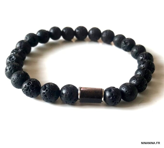 N7472f Bracelet oeil de tigre et pierre de lave homme - Bijoux Bracelets en ligne Ninanina