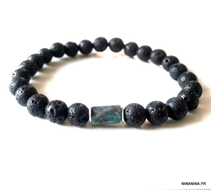 N7476a Bracelet Apatite bleue et pierre de lave homme - Bijoux Bracelets en ligne Ninanina