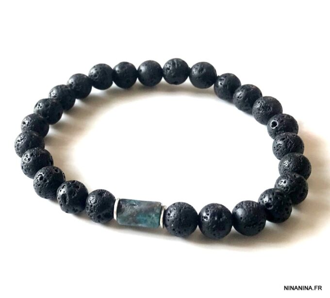 N7476c Bracelet Apatite bleue et pierre de lave homme - Bijoux Bracelets en ligne Ninanina