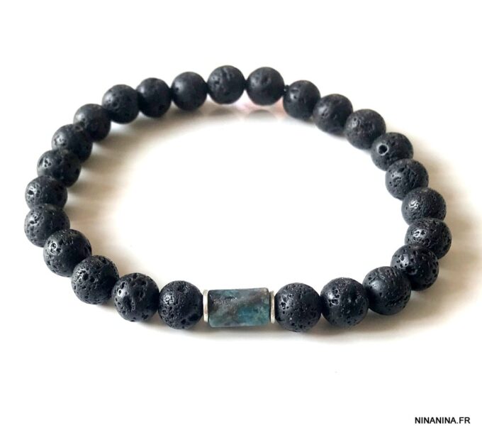 N7476e Bracelet Apatite bleue et pierre de lave homme - Bijoux Bracelets en ligne Ninanina