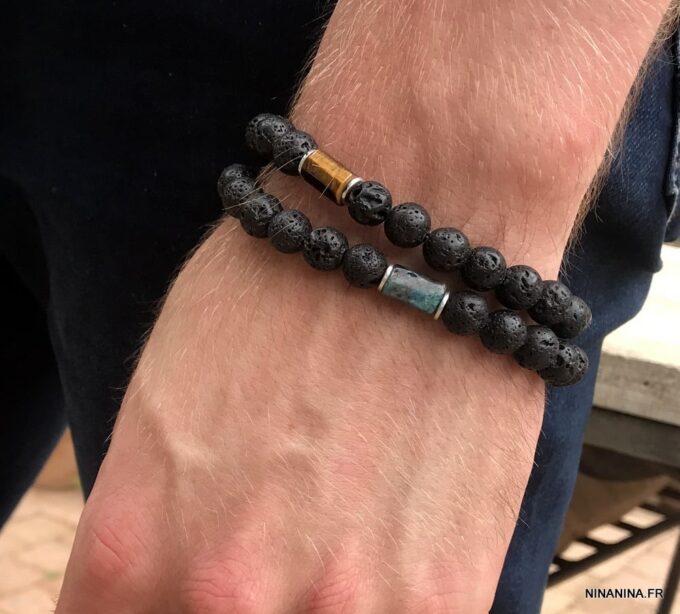 N7476F Bracelet Apatite bleue et pierre de lave homme - Bijoux Bracelets en ligne Ninanina