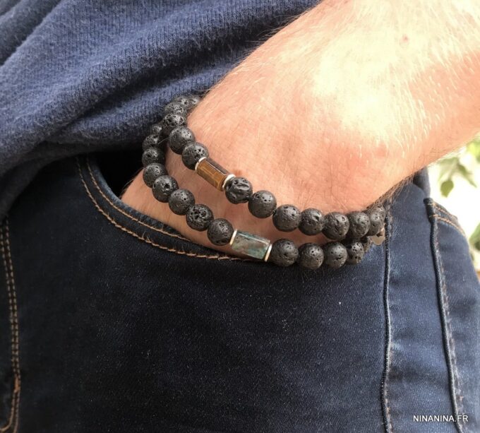 N7476G Bracelet Apatite bleue et pierre de lave homme - Bijoux Bracelets en ligne Ninanina