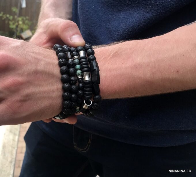 N7476H Bracelet Apatite bleue et pierre de lave homme - Bijoux Bracelets en ligne Ninanina