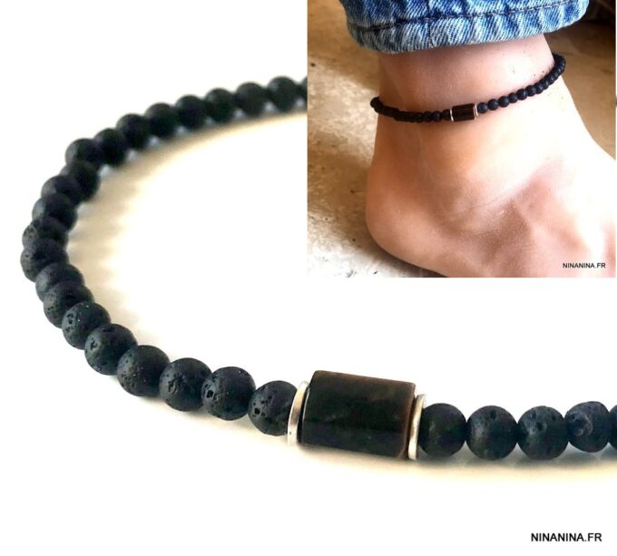 N7477 Bracelet de cheville pour homme pierre lave oeil de tigre - Bijoux de pied en ligne Ninanina