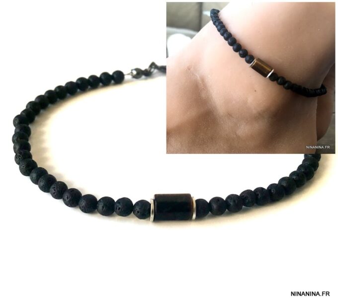 N7477b Bracelet de cheville pour homme pierre lave oeil de tigre - Bijoux de pied en ligne Ninanina