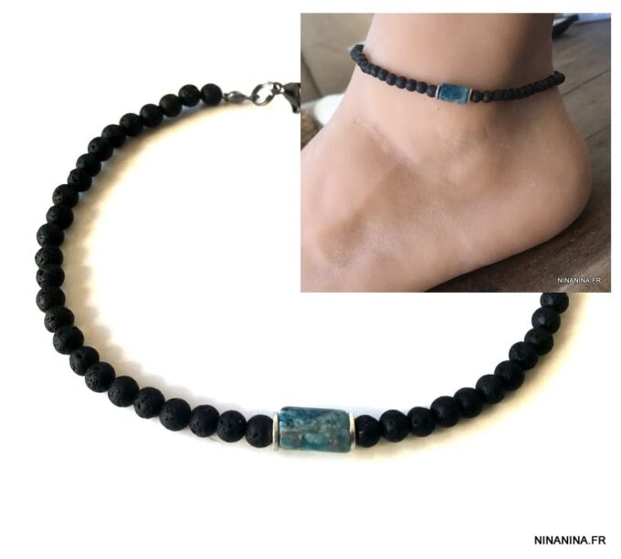 N7478 Bracelet cheville homme pierre volcanique apatite bleue - Bijoux de pied en ligne Ninanina