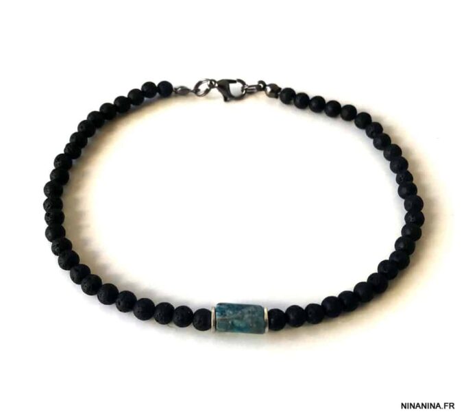 N7478b Bracelet cheville homme pierre volcanique apatite bleue - Bijoux de pied en ligne Ninanina