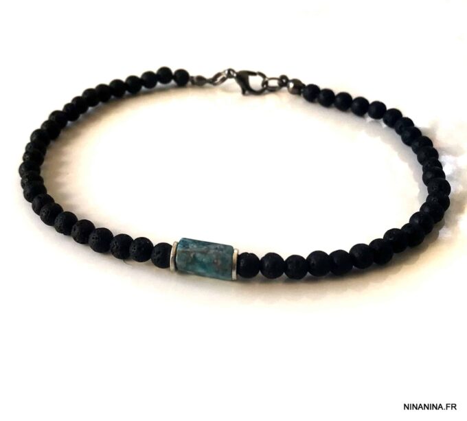 N7478d Bracelet cheville homme pierre volcanique apatite bleue - Bijoux de pied en ligne Ninanina