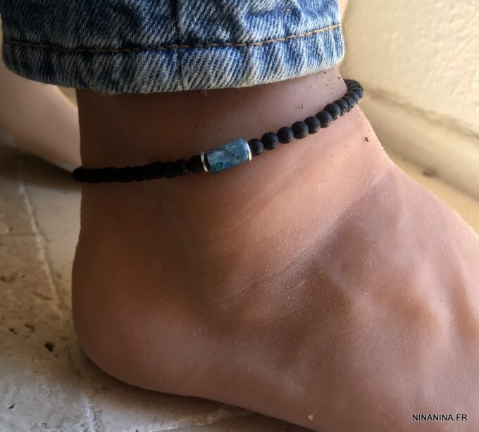 N7478e Bracelet cheville homme pierre volcanique apatite bleue - Bijoux de pied en ligne Ninanina