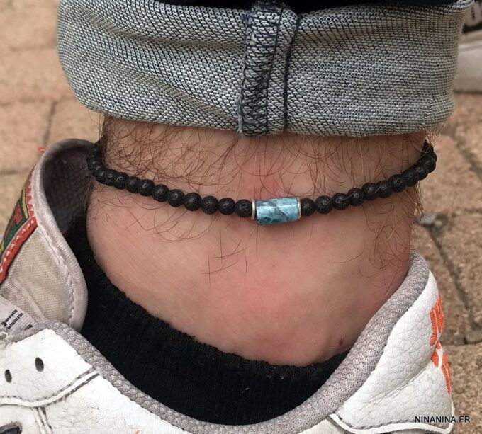 N7478i Bracelet cheville homme pierre volcanique apatite bleue - Bijoux de pied en ligne Ninanina