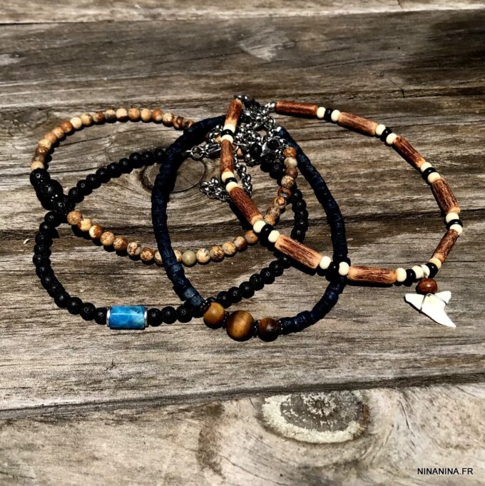 N7478K Bracelet cheville homme pierre volcanique apatite bleue - Bijoux de pied en ligne Ninanina