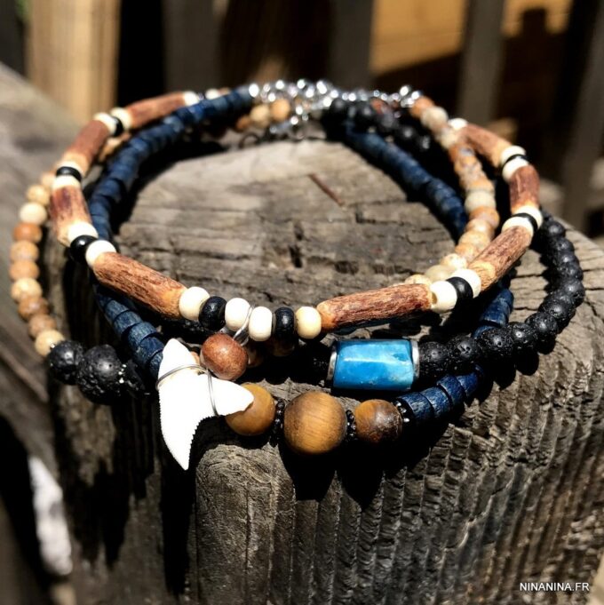 N7478L Bracelet cheville homme pierre volcanique apatite bleue - Bijoux de pied en ligne Ninanina