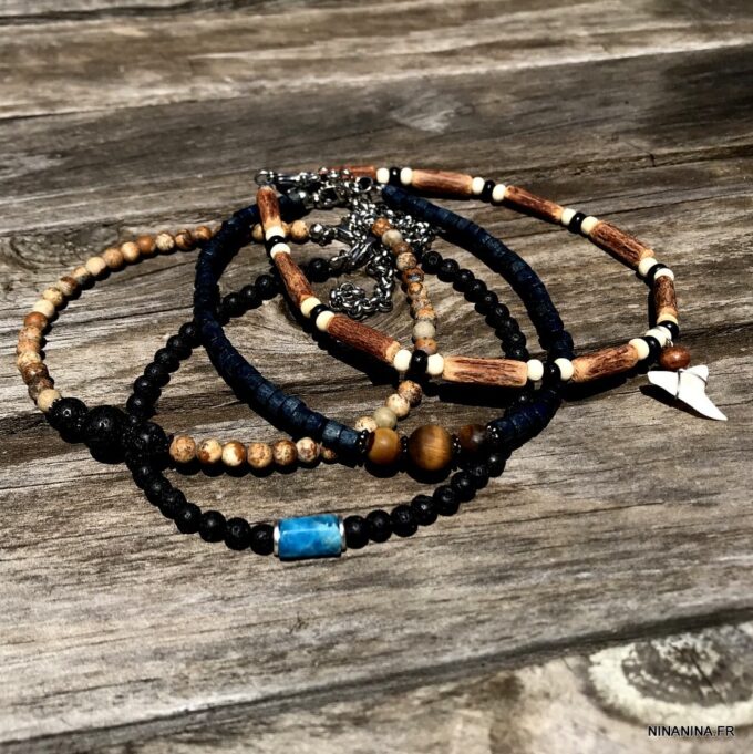 N7478N Bracelet cheville homme pierre volcanique apatite bleue - Bijoux de pied en ligne Ninanina