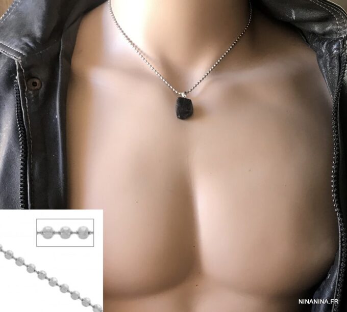 N7489 Pendentif Tourmaline noire brute chaine Acier - Bijoux Colliers en ligne Ninanina