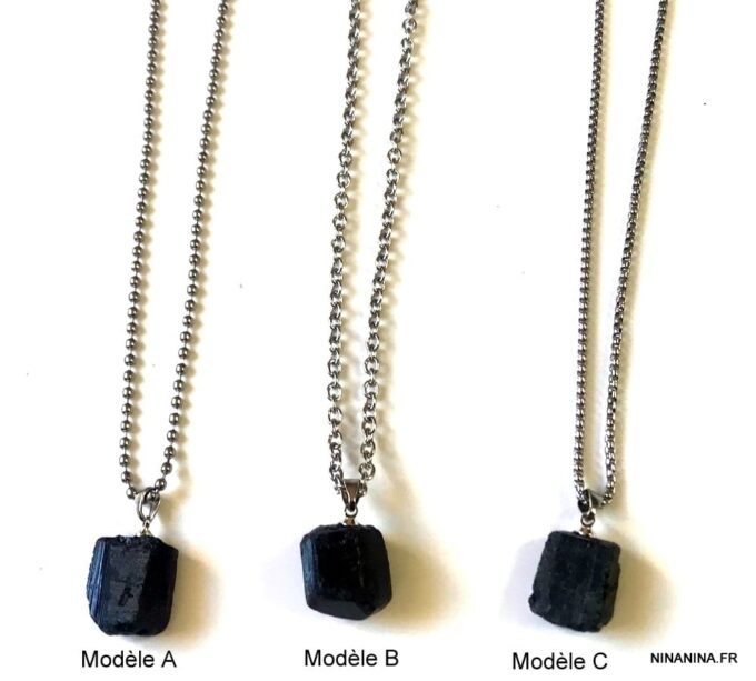 N7489a Pendentif Tourmaline noire brute chaine Acier - Bijoux Colliers en ligne Ninanina