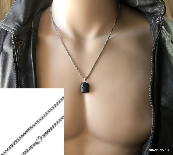 N7489b Pendentif Tourmaline noire brute chaine Acier - Bijoux Colliers en ligne Ninanina